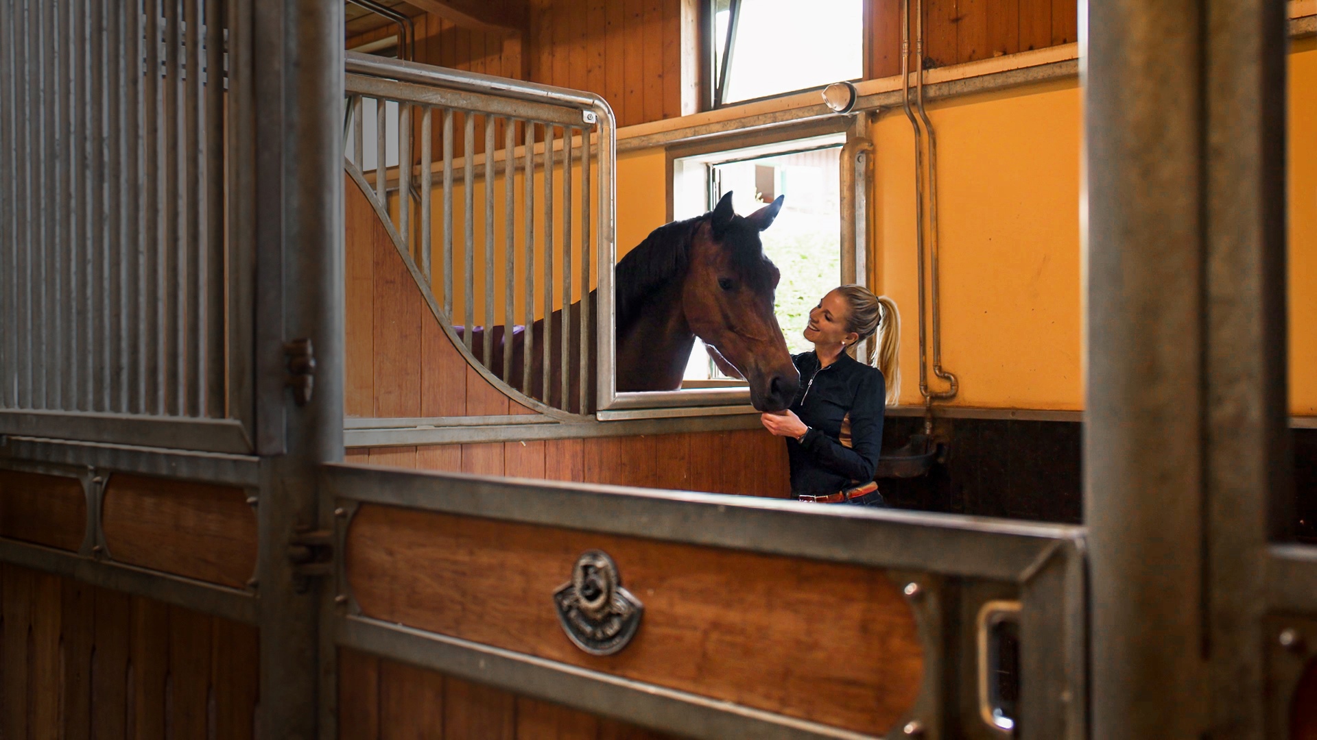Jessica steht mit einem Pferd in der Box und streichelt es über die geöffnete Sozialkontatköffnung