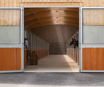 Porte d’écurie ouverte avec vue sur l’intérieur du bâtiment au Haras Bachl