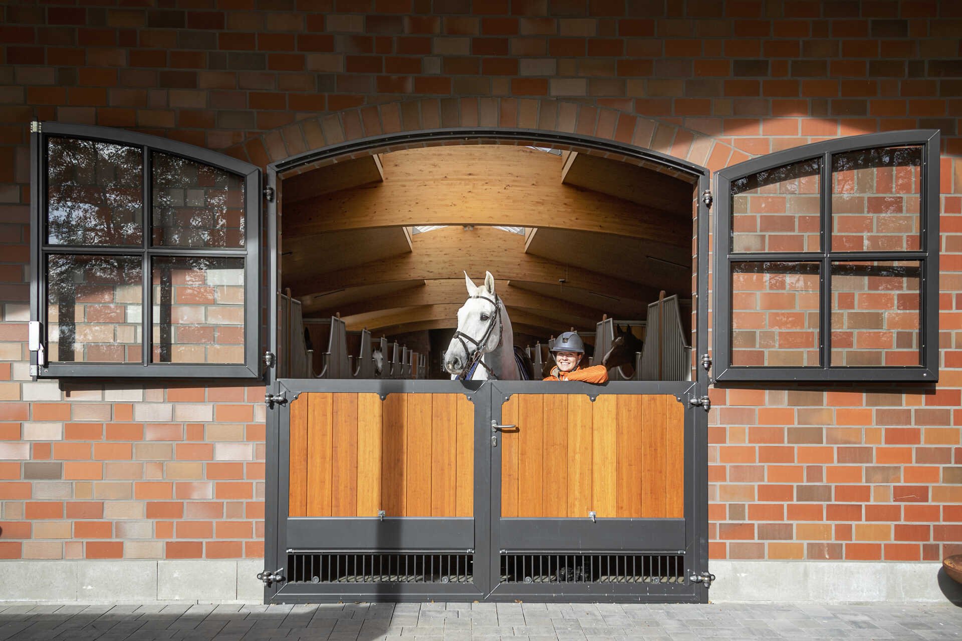 Röwer & Rüb Tor geöffnete Obertür anthrazit farbend und Sprossen mit geöffnetem Lüftungsklappe für ein besseres Stallklima