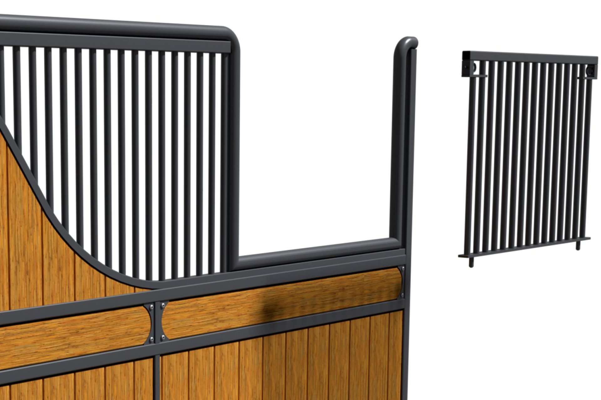 Visualization of a partition for social interaction for horse stalls and grille insert.