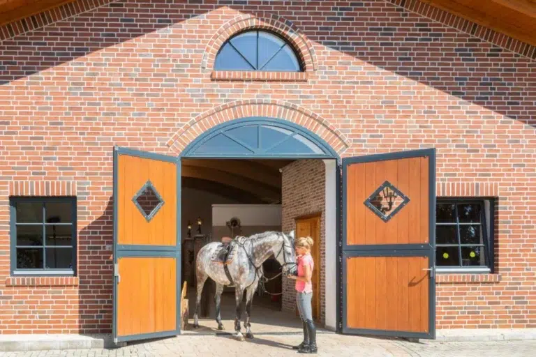 stalleinrichtung frau mit pferd stalltor bambus rautenfenster